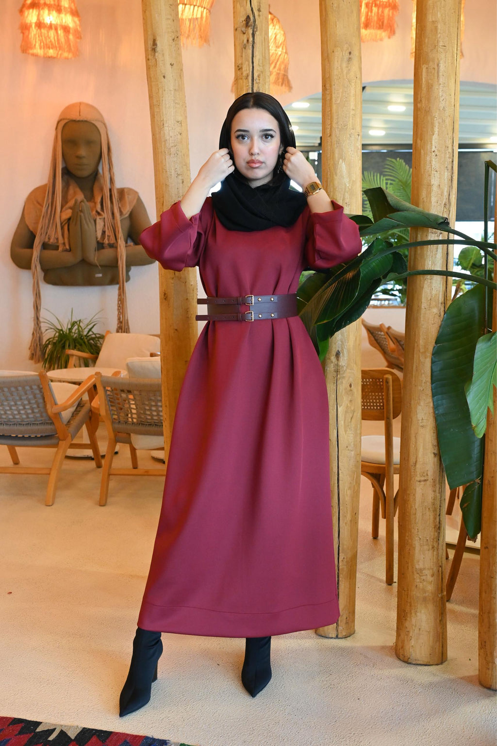 Bordo Rahat Kesim Elbise