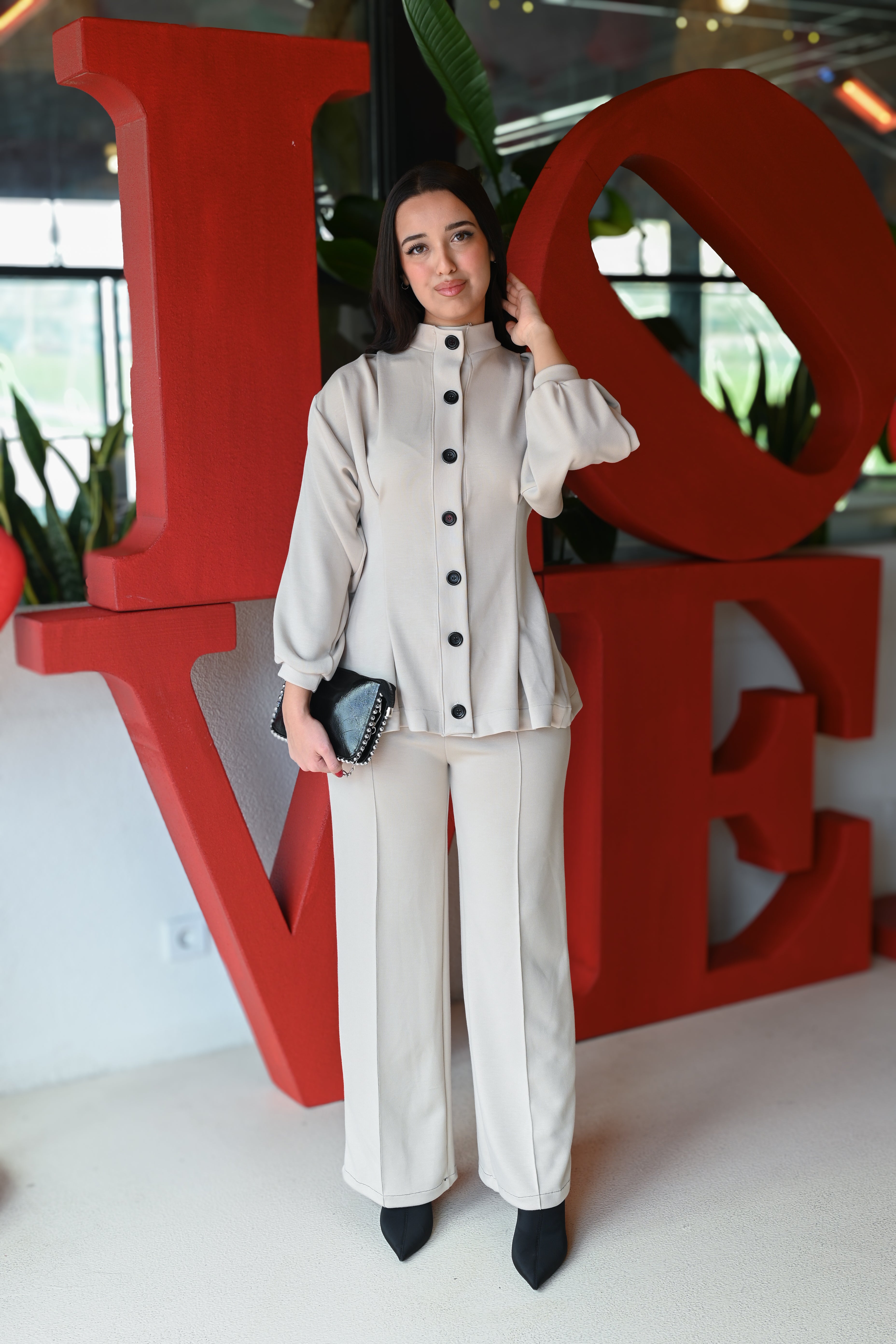 Krem  Rengi Düğme Detaylı  Lavin Takım