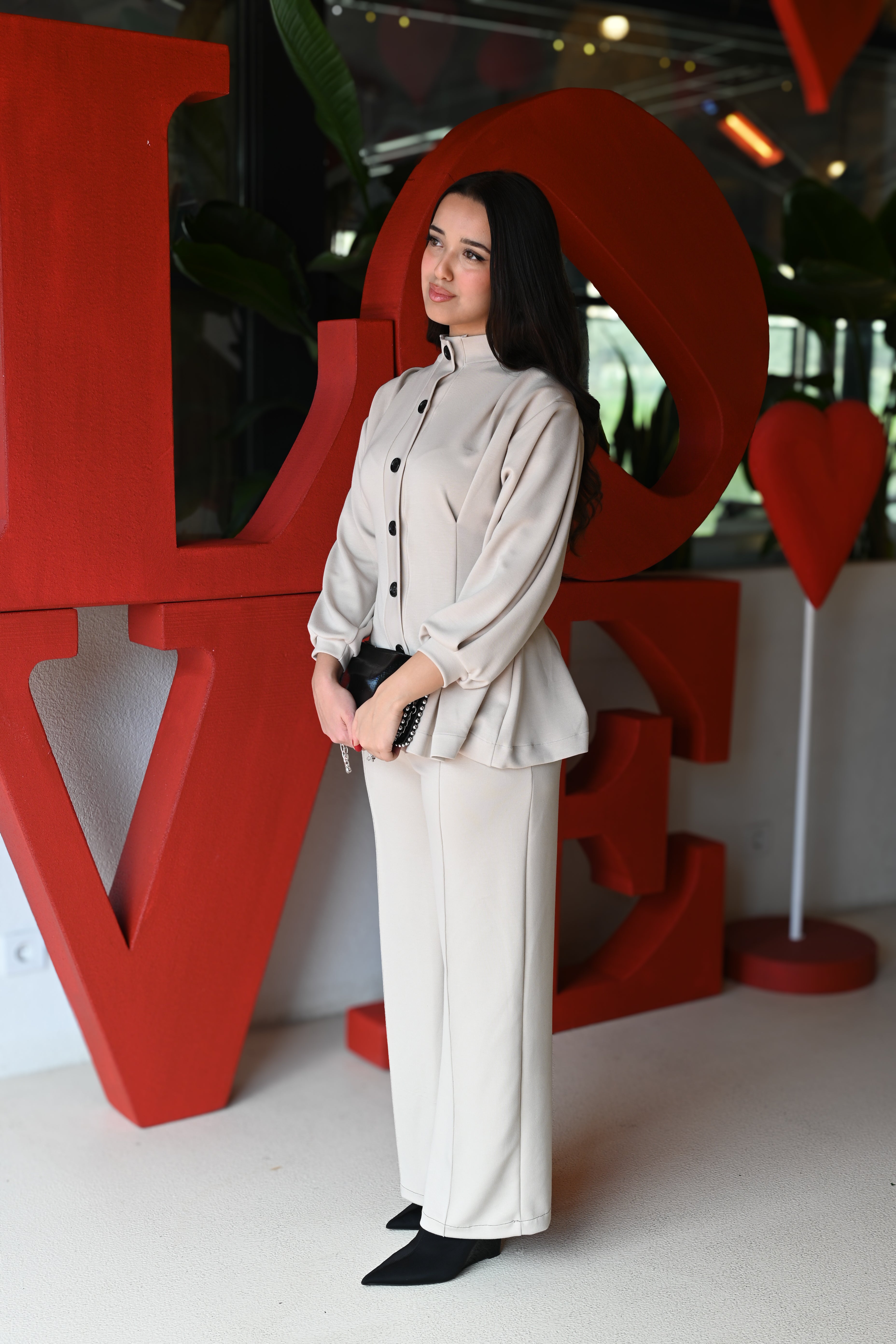 Krem  Rengi Düğme Detaylı  Lavin Takım