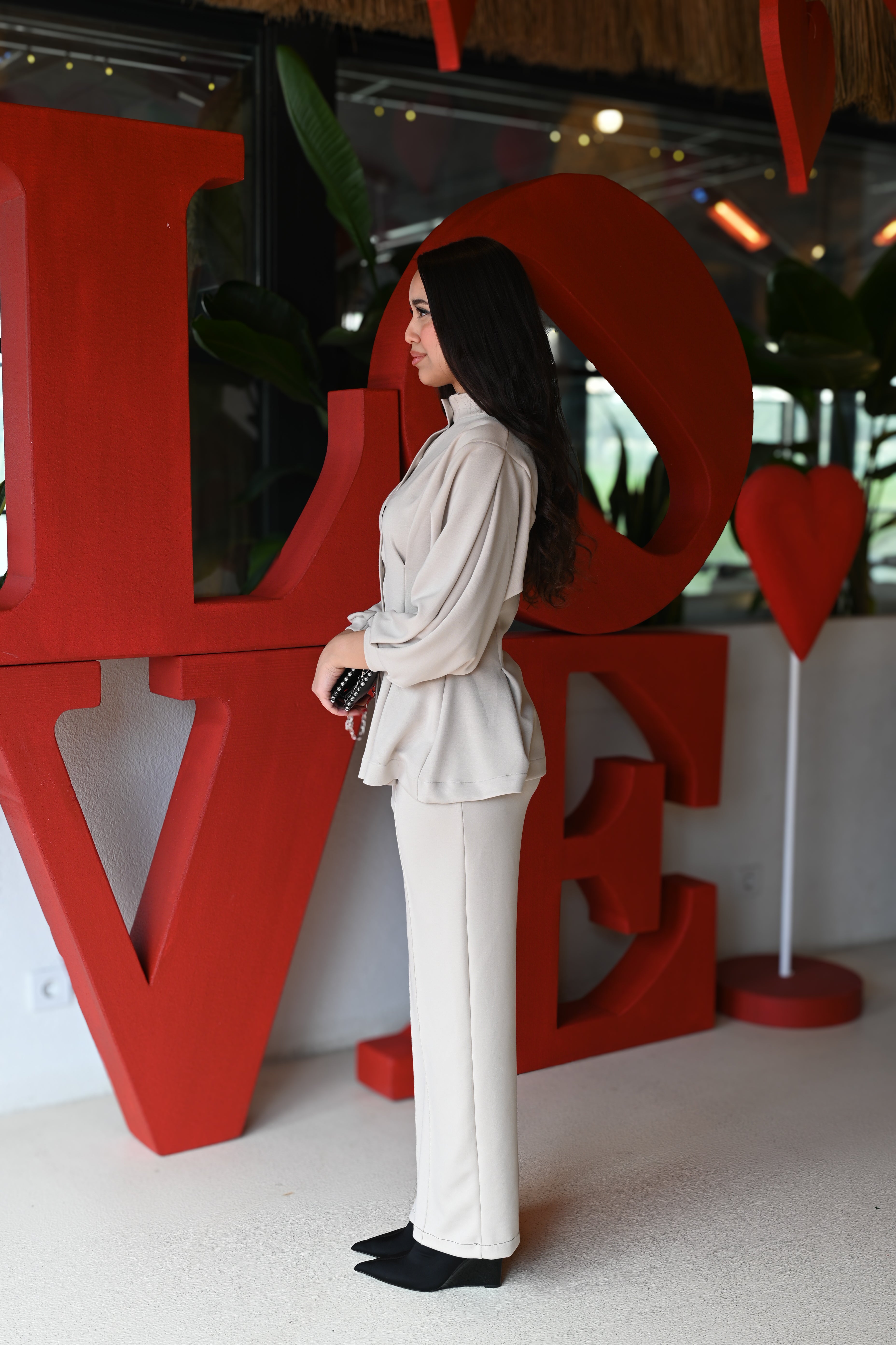 Krem  Rengi Düğme Detaylı  Lavin Takım