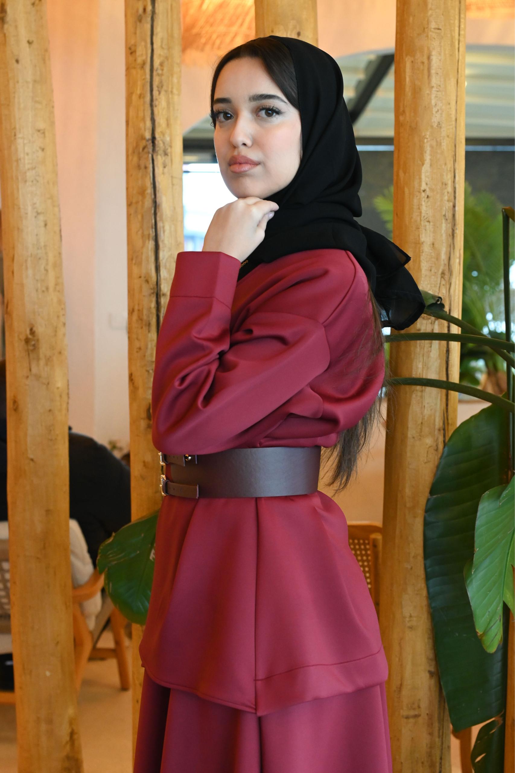 Kemer Detaylı Bordo Ceket & Etek Takım