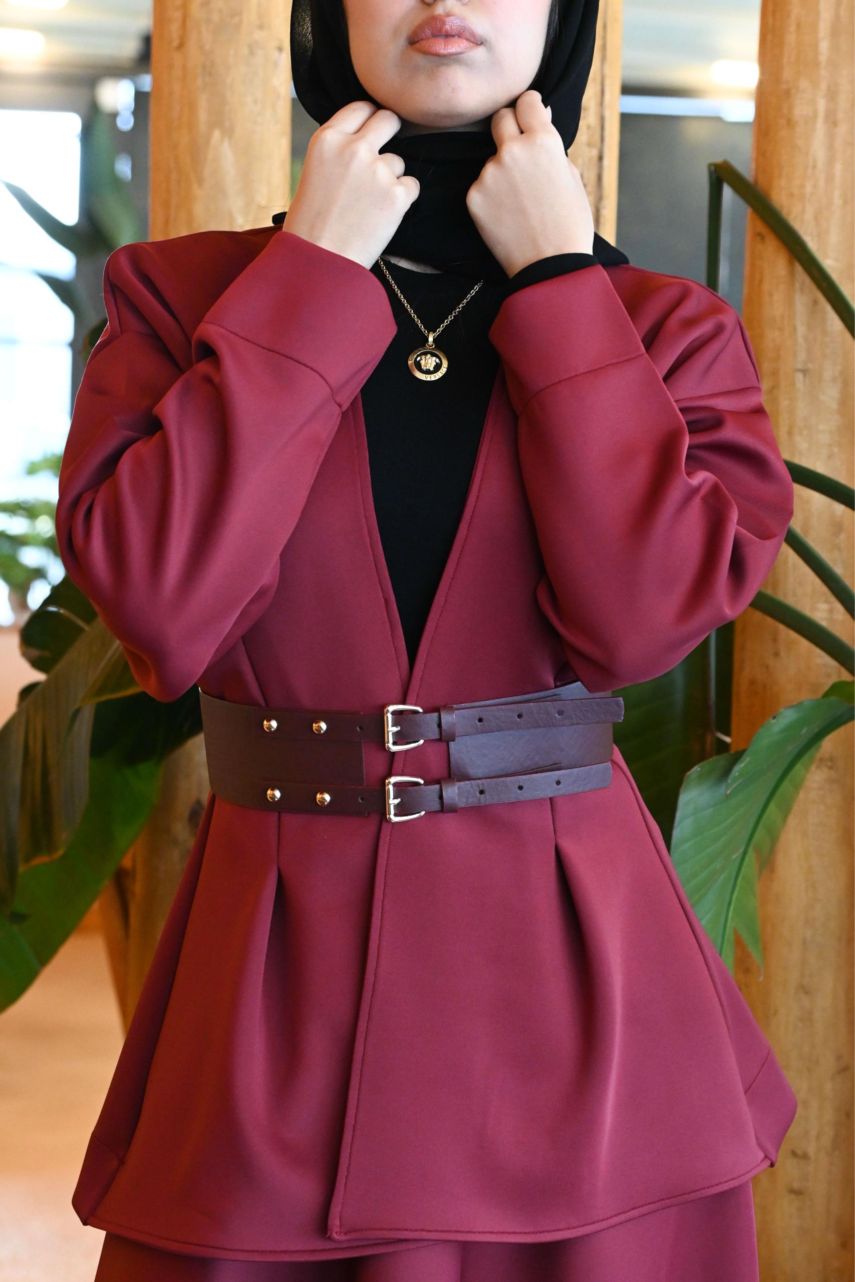 Kemer Detaylı Bordo Ceket & Etek Takım