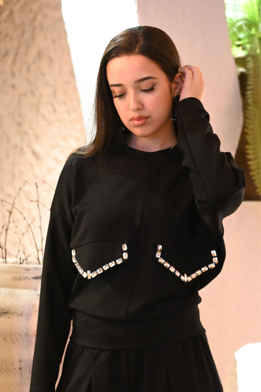 Taş Detaylı Bluz & Pantolon ikili Takım